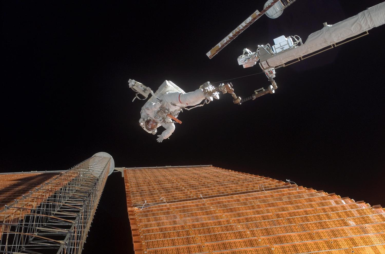 A spacewalk in low-Earth orbit.