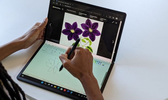 The 2022 ThinkPad X1 Fold in clamshell mode, using the display modes to draw.