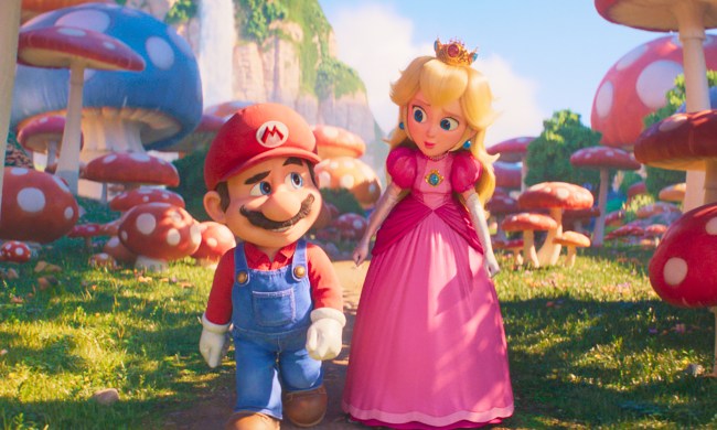 Mario and Peach walk through a mushroom field in The Super Mario Bros. Movie.