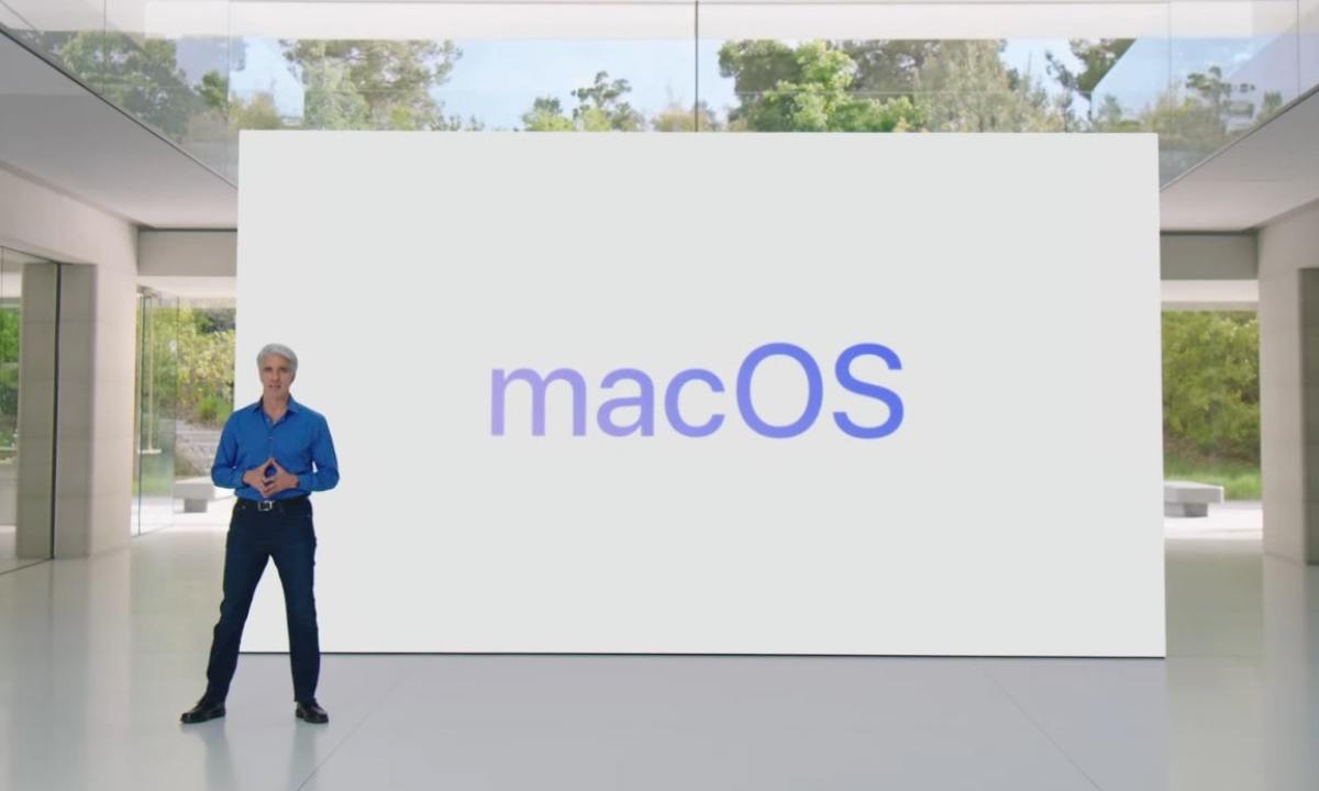 Craig Federighi introducing macOS Sonoma at Apple's Worldwide Developers Conference (WWDC) in June 2023.
