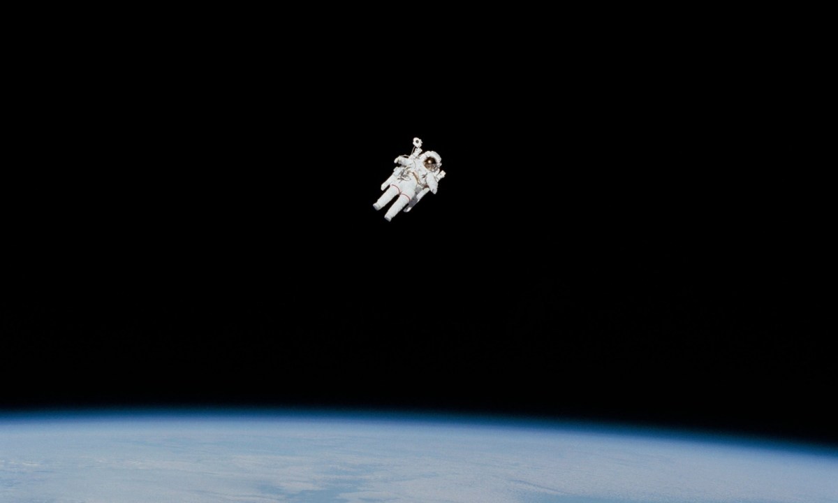 NASA astronaut Bruce McCandless II performing the first untethered spacewalk in 1984.