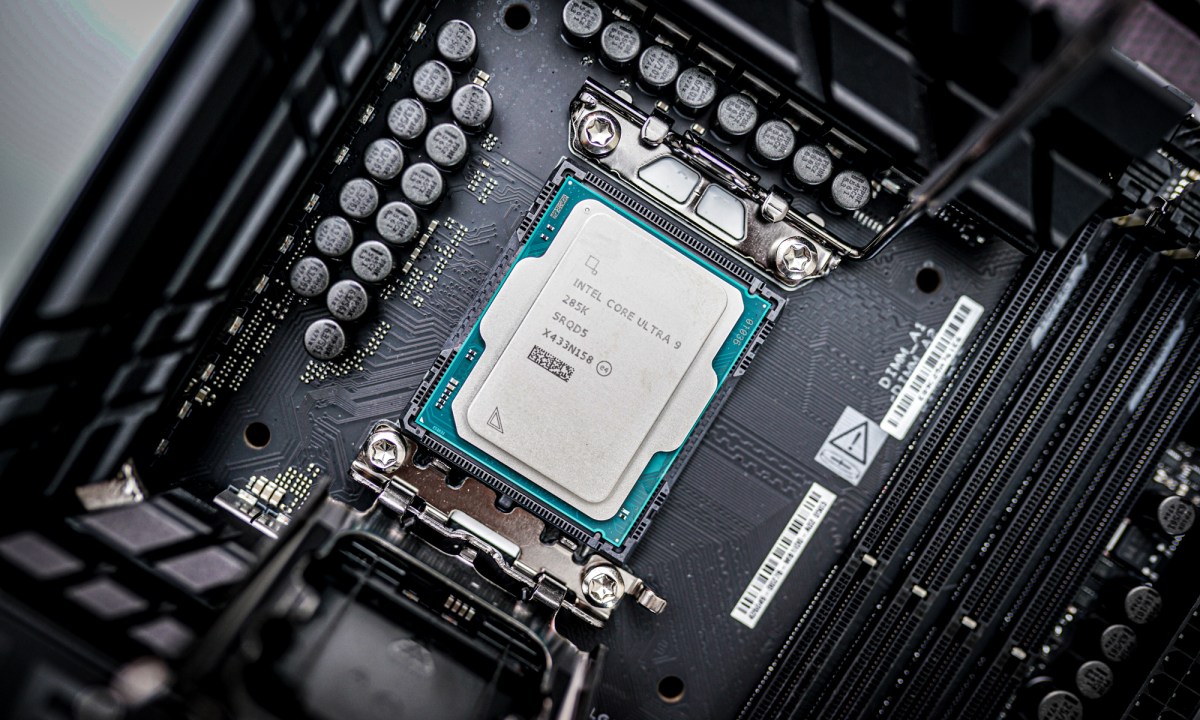 The Core Ultra 9 285K socketed into a motherboard.
