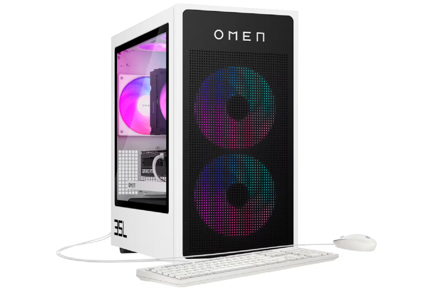 The HP Omen 35L gaming PC with a mouse and keyboard.