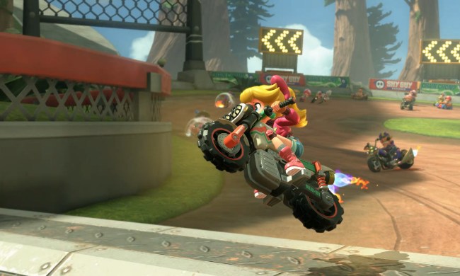 Peach jumping on a motorcyle in Mario Kart World.