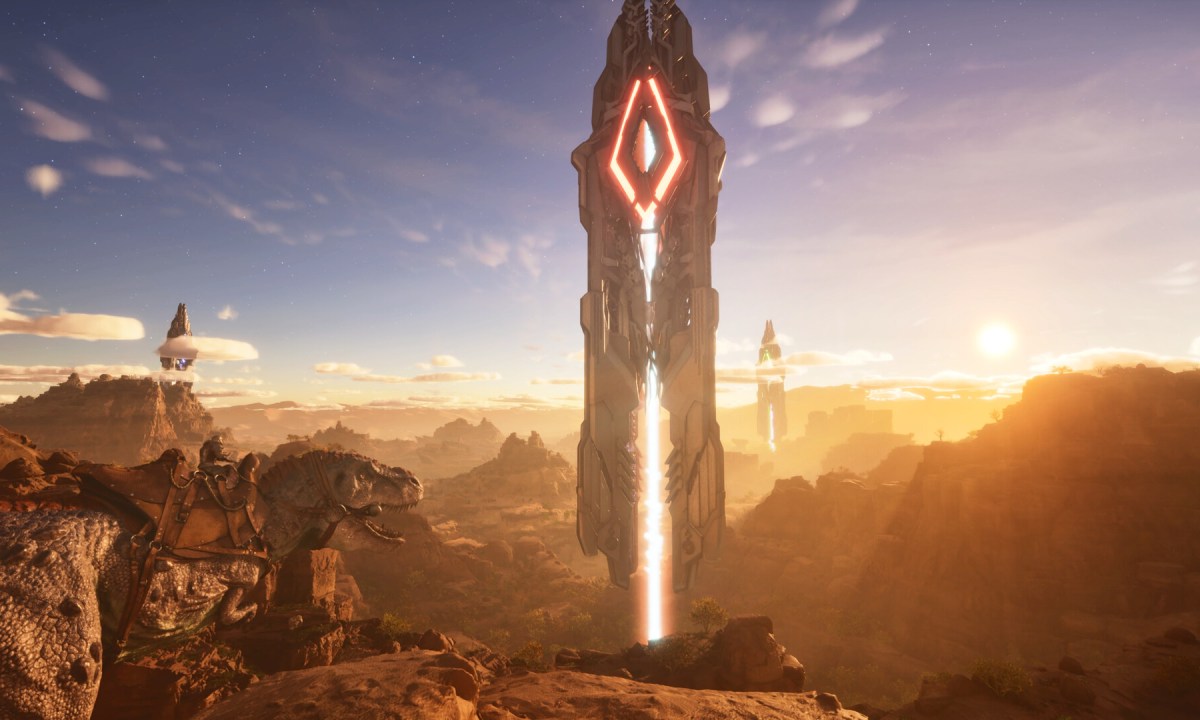 A man riding a dinosaur approaching a sci-fi tower.