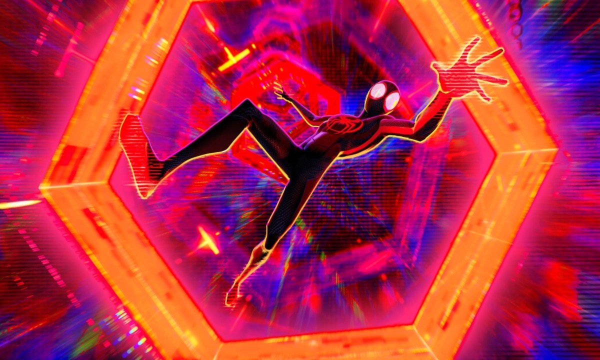 Miles Morales as Spider-Man following through the neon colors of the multiverse.