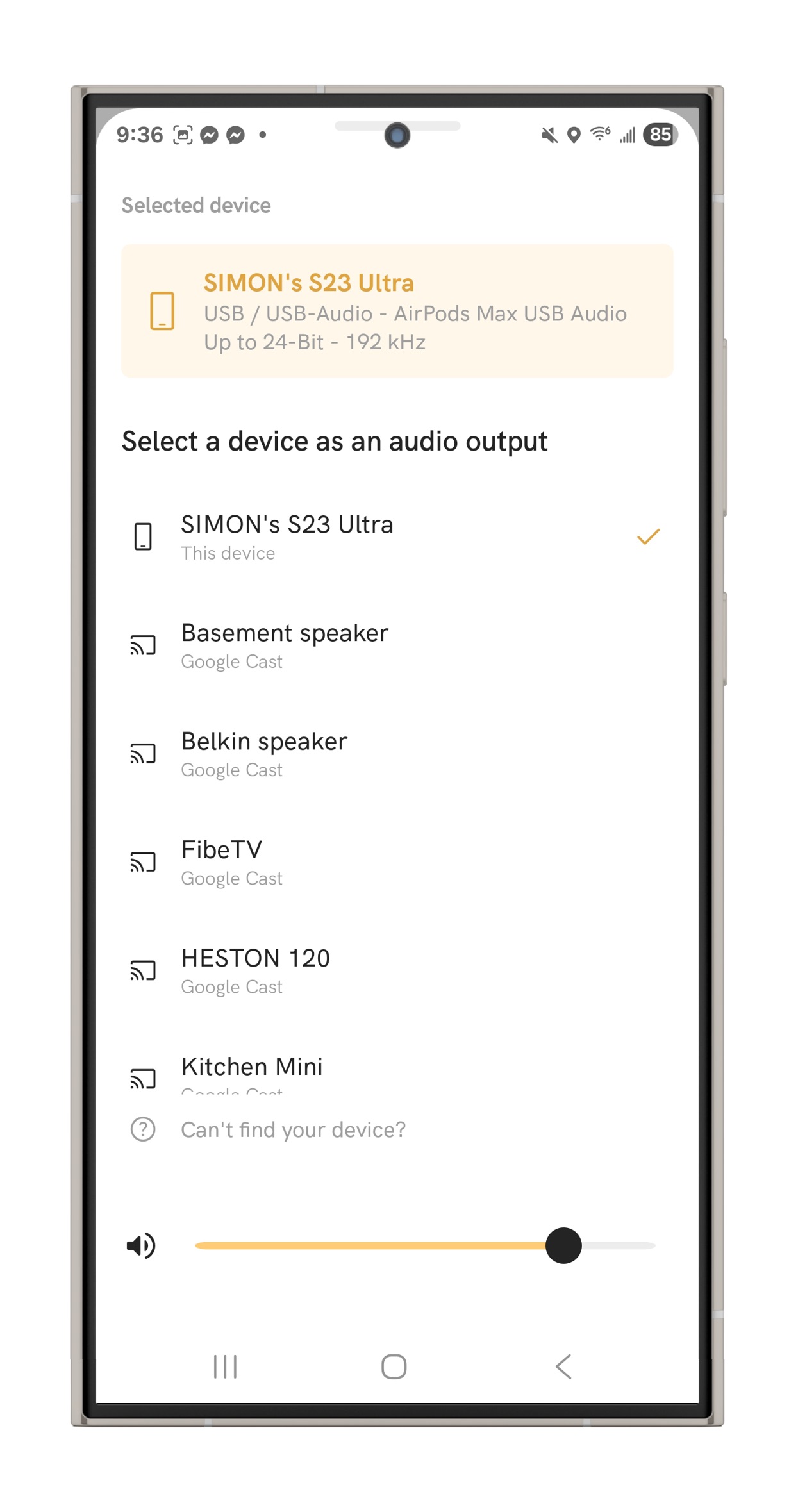Qobuz on Android showing AirPods Max connected via USB Audio.