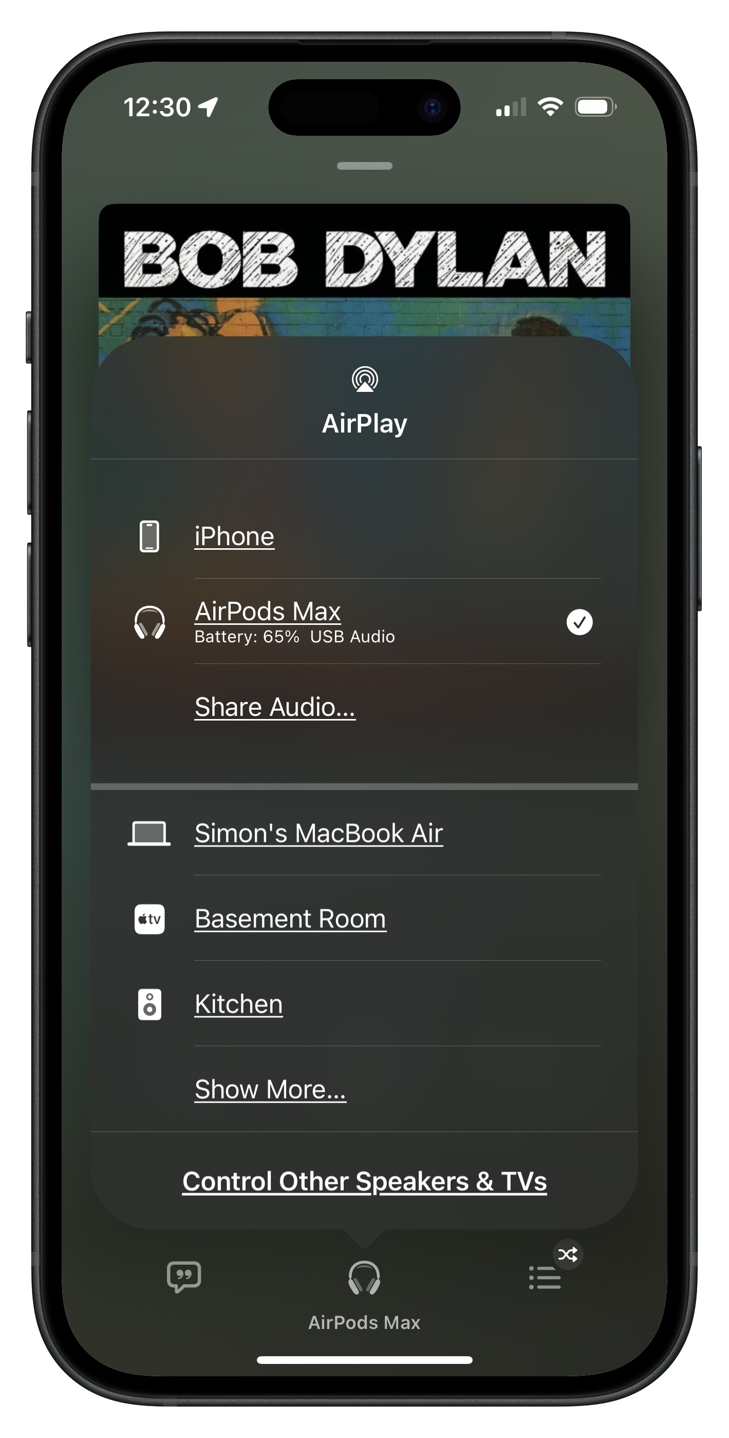 iOS showing AirPods Max connected via USB Audio.