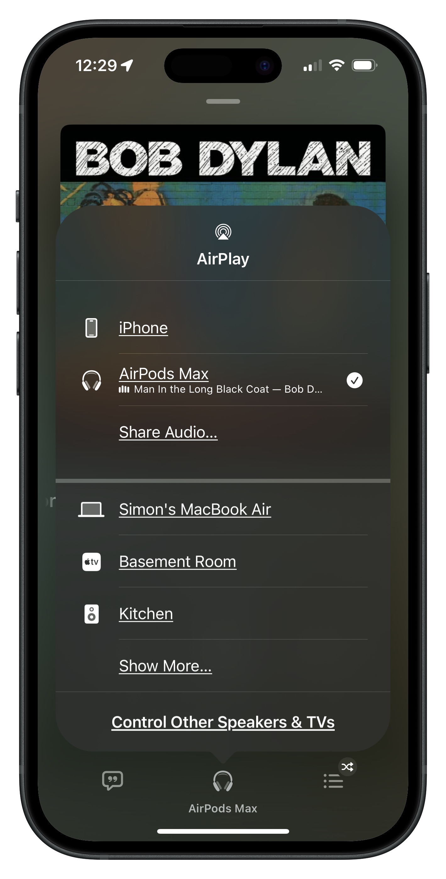 iOS showing AirPods Max connected via Bluetooth.