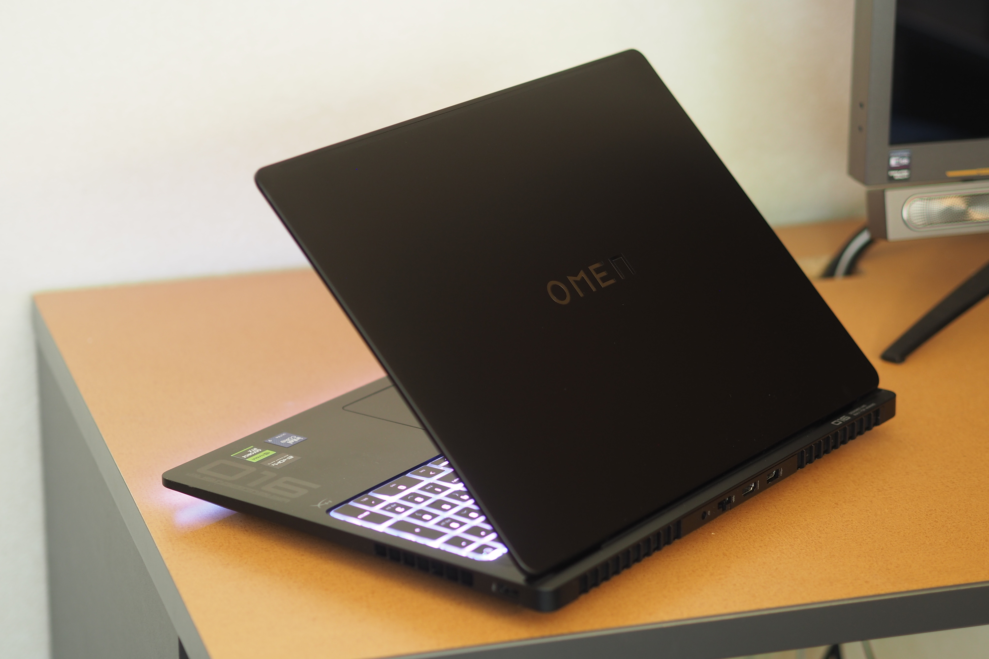 HP OMEN Max 16 rear view showing lid and logo.